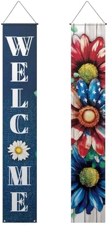 doginthehole 2pcs 4th of July Independence Day Welcome Porch Banner Cute Border Collie Floral Memorial Day Patriotic Door Porch Sign, Blue White Red - Image 2