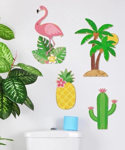 Putuo Decor Tropical Metal Wall Decor Set of 4, Pineapple Flamingo Palm Tree Cactus Tin Wall Art, Distressed Wall Hanging for Bathroom Patio Tiki Bar Pool Beach House Decor - Image 4