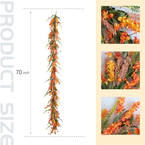 70 Inch Fall Flower Garland with Berries for Front Door, Harvest Orange Floral Wreath Garland for Indoor Outdoor, Fall Artificial Flower Garlands for Home Decor - Image 6