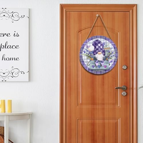 Spring Summer Gnome Lavender Flower Sign for Front Door 12"x12" Purple Floral Buffalo Plaid Wood Door Hanger for Outdoor Outside Porch Spring Summer Farmhouse Wooden Wreath for Wall Porch Yard - Image 5