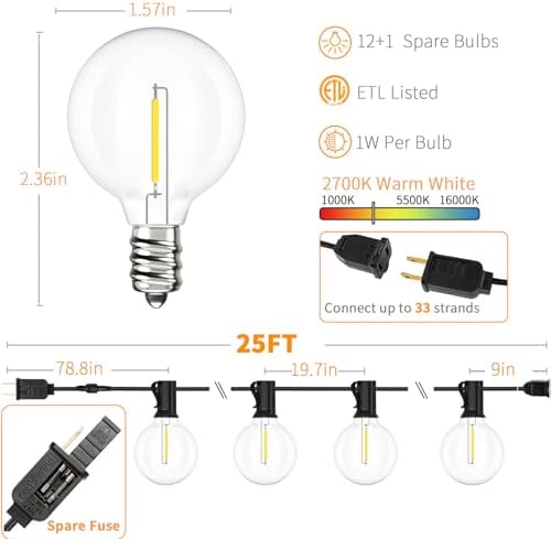 Svater Outdoor String Lights 25 FT G40 LED Patio Hanging Light Waterproof - Image 2