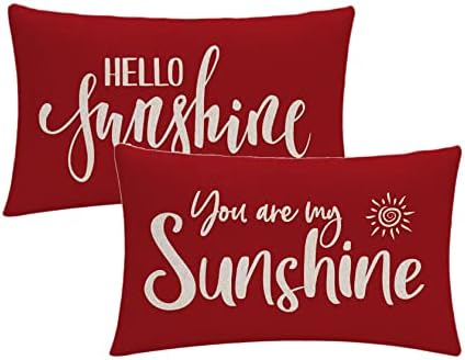 7COLORROOM 2Pack Farmhouse Decor Pillow Covers Hello Sunshine/You are My Sunshine Rectangular/Waist Cushion Covers Spring Summer Red Home Decorations Lumber Pillowcases 12" X 20" (Red) by 7COLORROOM