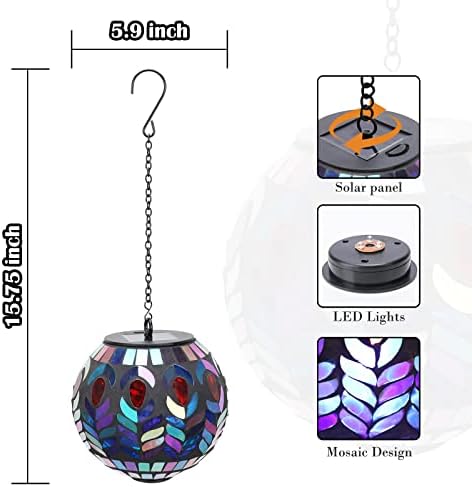 Mosaic Solar Lantern Outdoor Waterproof Glass Hanging Solar Lights, Black - Image 2