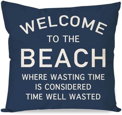 PANDICORN 18x18 Inch Throw Pillow Cover, Welcome to the Beach, Navy Blue by PANDICORN