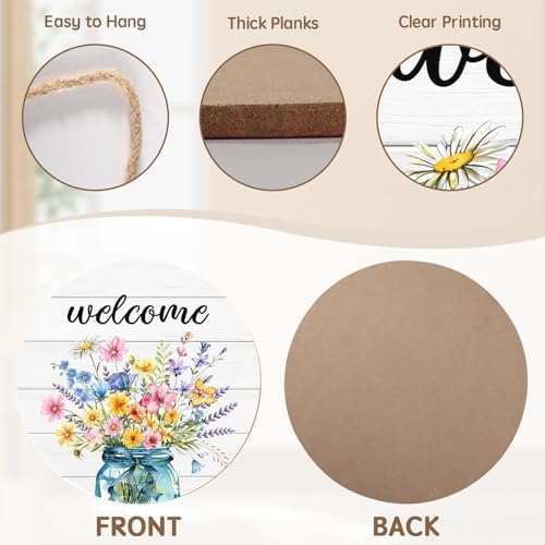 Harooni Spring Summer Welcome Door Sign for Front Door Spring Mason Jar Flowers Door Hanger Sign Wildflower Butterfly Wood Wreath Farmhouse Front Wreaths for Porch Wall Indoor Home Decor 12"x12" - Image 3