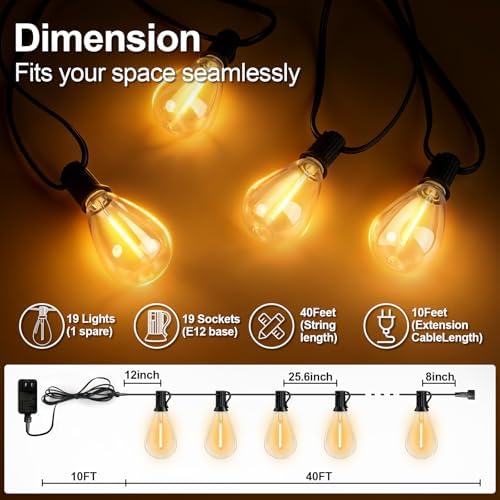 50(40+10)FT Outdoor String Lights, 15m Waterproof Remote LED Patio Lights with 19+1 S11 Bulbs 10FT Extension Cable, Dimmable Outside Hanging Lights for House, Porch,Yard,Garden,Bistro, Gazebo lighting - Image 2