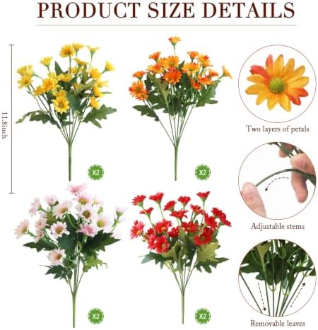 8 Bundles Artificial Flowers for Outdoors, Fake Daisy UV Resistant No Fade Faux Greenery for Spring Summer Indoor Outdoor Planter Porch Patio Yard Garden Decoration - YellowWhiteOrangePink - Image 2