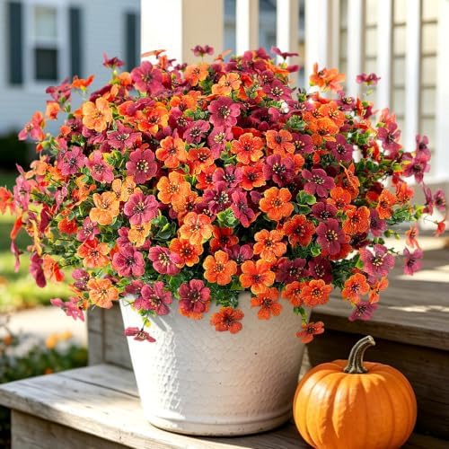 Fall Mums Artificial Flowers for Outdoors Potted, 12 Bundles Fake Fall Daisy Flower with Realistic Eucalyptus Leaves, Fake Plants for Greenery Boxwood Porch Patio Garden Pot Courtyard(Orange Brown) by Ammyoo