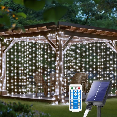 Solar Curtain Lights 10*10Ft 300LED Waterproof Waterfall Light with 8 Modes Remote Type C Charging Dimmable Timer Twinkle Fairy String Lights for Outdoor Christmas Gazebo Wedding Party Pergola Patio by QLIRJAD