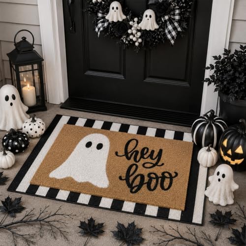 Tinideya 2 Pcs Halloween Door Mat Layered Hey Boo Ghost Welcome Mat - Image 3
