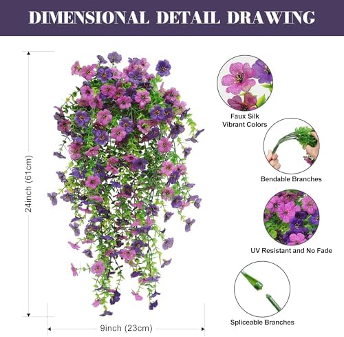Artificial Fake Hanging Flowers Plant Spring Summer Decoration for Outdoor Faux Silk Daisy with Eucalyptus 4 Pcs Realistic UV Resistant Indoor Outside Garden Porch Patio Balcony Yard(Double Purple) - Image 4