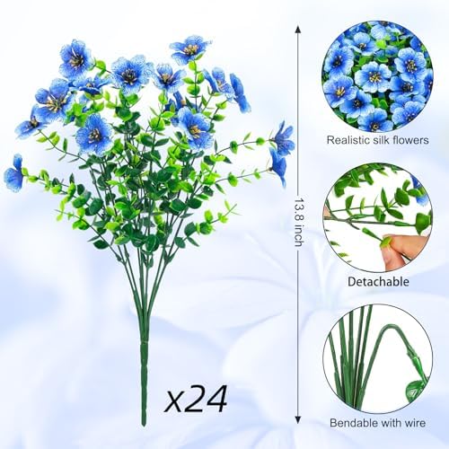 Ouddy Decor 24 Pcs Artificial Flowers for Outdoors Decorations, Blue - Image 2
