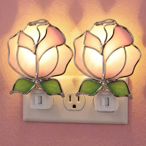 Baquler 2 Pcs Stained Glass Pink Rose Night Light Plug into Wall, Pink Floral Spring Flower Light Decor for Home Bedroom Bathroom Kitchen Hallway Valentine's Mother's Day Easter Decoration by Baquler