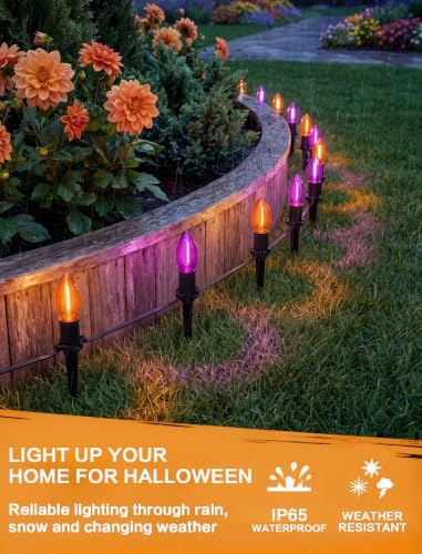 SUNSGNE Halloween Pathway Lights, 19.5Ft Halloween Stake Lights with 10 Count C9 LED Orange and Purple Bulbs for Lawn Yard Sidewalk Garden Decoration - Image 4
