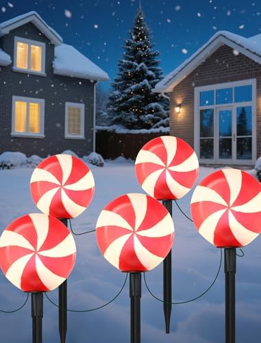 Set of 5 Large Christmas Candy Cane Yard Stakes, Professional-Grade Outdoor Peppermint Decorations with C7 LED Lights, Heavy-Duty Holiday Light Stakes for Walkway, Lawn & Driveway - Image 3