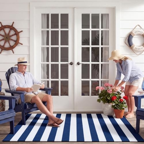 Duraaamo Nautical Navy White Stripe Rug 3' X 5' for Larger Doorway Decor - Image 4