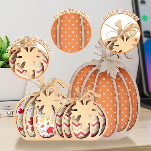 Fall Pumpkin Decor, 3Pcs Fall Decorations for Thanksgiving, Hand-Carved Rustic Farmhouse Table Centerpiece for Autumn Harvest Home Decor, Indoor & Outdoor Seasonal Ornaments - Image 3