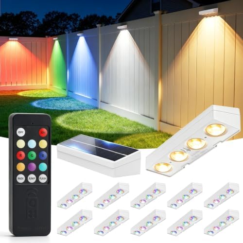 JOFIOS Fence Lights Solar Powered with Remote, 9 Fixed Colors ＆ Color Changing White Fence Lights Waterproof IP65 Dusk-to-Dawn LED Deck Lighting for Patio, Pool, Porch, Backyard, Wall, 12 Pack by JOFIOS