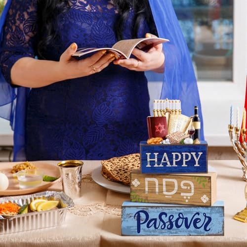 Lineshading 4 Pcs Wooden Passover Block Signs Farmhouse Tiered Tray Decor - Image 4