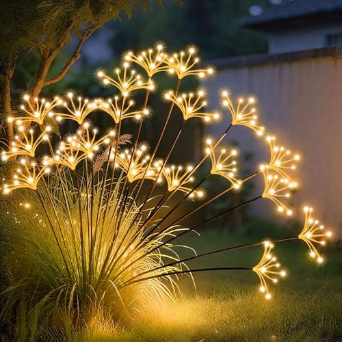 JJGoo Solar Garden Lights, New Upgraded 2 Pack Solar Swaying Starburst Light, Waterproof Fireworks Outdoor Lights, Yard Patio Pathway Decoration, Warm White by JJGoo