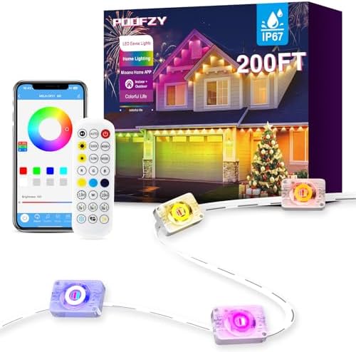 POOFZY Permanent Outdoor Lights for House,200ft RGB+IC Smart Outdoor Decor, 50 Scene Modes,App/Remote Control,IP67 Waterproof,for Christmas,Easter,V-Day,Thanksgiving,Daily & Holiday Party Decor by POOFZY