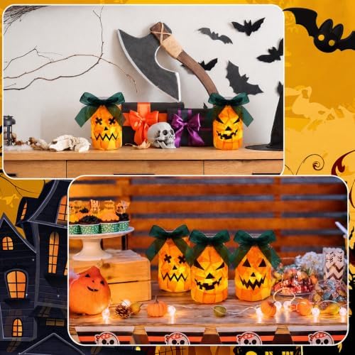 Qinyoung 12 Pcs Halloween Jack-o-lantern Crafts Pumpkin Mason Jars with LED - Image 6