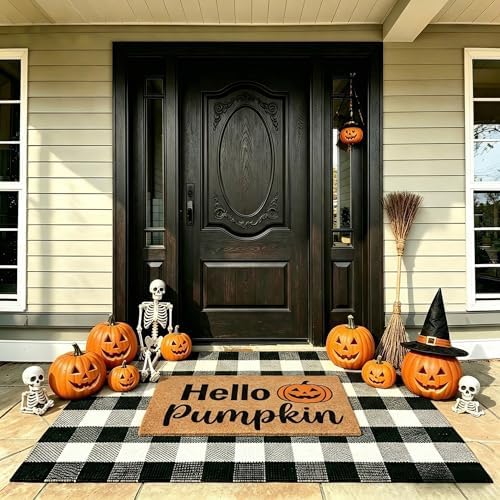 Fall Decor Halloween Layered Front Doormat Set, Hello Natural Coco Coir Door Mat + 3'x5' Black White Buffalo Plaid Rug, Non-Slip Porch Rug Outdoor Entryway Decor for Front Porch, Patio by MUBIN