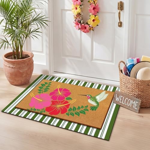 Drydiet 2 Pcs Summer Front Door Mat Set, Hibiscus Coir Striped Doormat - Image 6