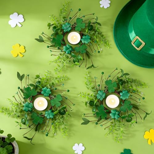 4 PCS Mini St. Patrick's Day Glitter Shamrocks Wreath for Front Door St. Patrick's Day Kitchen Cabinet Wreaths Decorations with Ribbon Small Lucky Green Irish Clover Berry Wreath for Porch Window - Image 3
