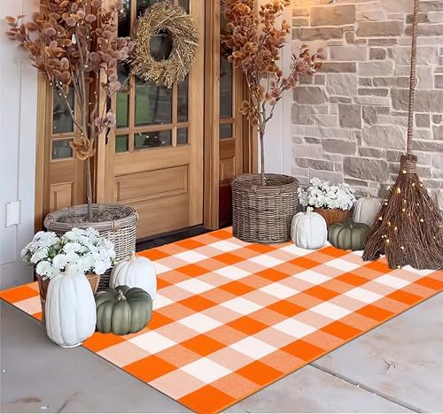 Orange and White Outdoor Rug 3'x5',Farmhouse Halloween Front Porch Rug - Image 5