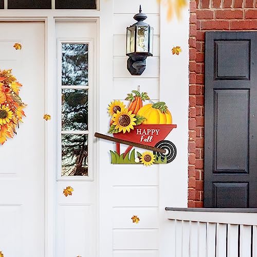 Glitzhome 30" H Fall Metal Wheel Barrow Pumpkin Yard Stake/Hanging Wall Decor,Pumpkin Wagon Cart with Happy Fall Signs,Fall Harvest Porch Decorations for Thanksgiving Autumn Halloween Party Supplies - Image 4