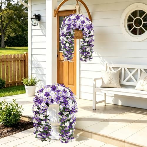 Artificial Hanging Flowers for Outdoors, 2 PCS 272 Blooms UV Resistant Morning Glory Faux Silk Vines, No-Odor Realistic Fake Plants for Garden Planter Porch Patio Decoration, White Purple - Image 6