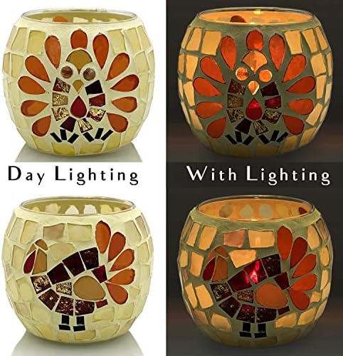 SHMILMH Thanksgiving Votive Candle Holder Set of 4, Mosaic Glass Tealight Holders with Turkey for Fall Table Centerpiece Fireplace Party Decorations - Image 4