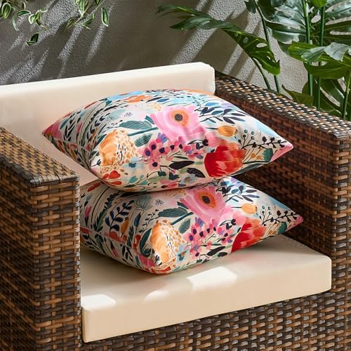 Outdoor Waterproof Throw Pillow Covers Set of 2 Floral Printed Blue Pink Orange Red Flower Pillowcase Farmhouse Outdoor Pillow Covers Square 18x18 Inch for Sofa Garden Patio Funiture Bench - Image 5