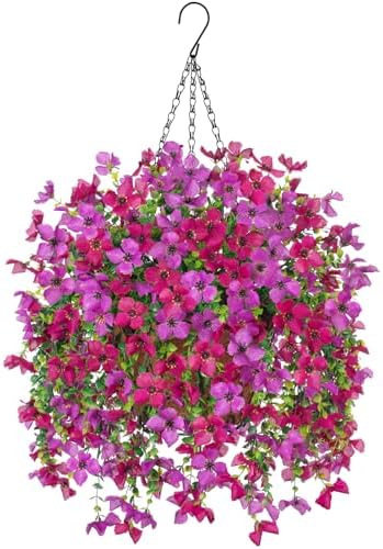 INXUGAO Artificial Hanging Flowers Plants with Basket for Outdoors, Realistic Faux Silk Daisy Flower Eucalyptus for Spring Decor, UV Resistant Fake Plants for Porch Patio Yard Balcony, Purple Violet by INXUGAOArtificialFlowers