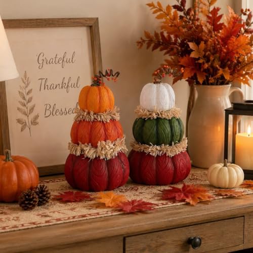 MEETYAMOR Fall Pumpkin Decor, 2 PCS 7.5in Resin Pumpkin Figurines for Fall Decor, Stacked Knit Textured Pumpkins Fall Decorations for Home, Shelf, Table Centerpieces, Autumn, Thanksgiving Decor - Image 7