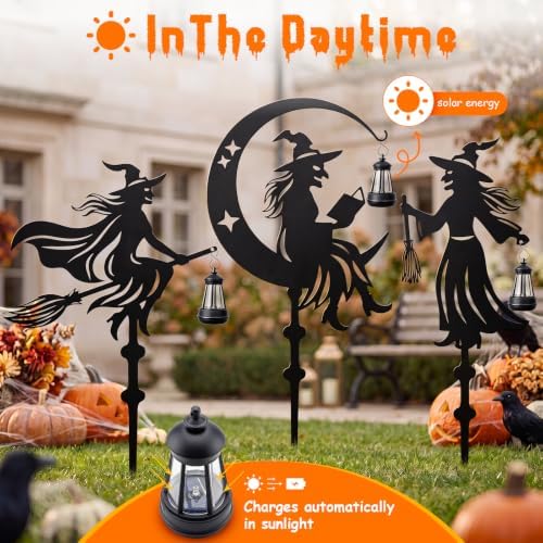 KODIBO Halloween Decor 3-Pack Metal Witch Yard Stakes with Solar Lanterns - Image 3
