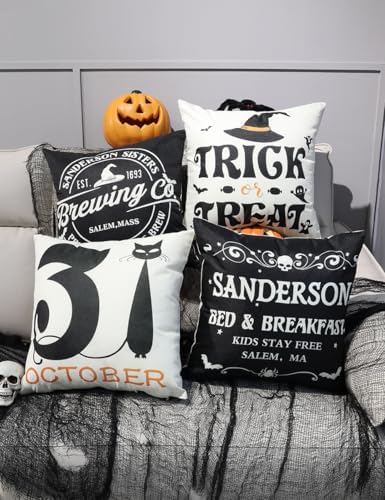 Hocus Pocus Farmhouse Halloween Decor Set of 4 Double-Side Printing 16x16 Indoor/Outdoor Spider Web Cat Skull Decorative Cushion Cases - Image 4