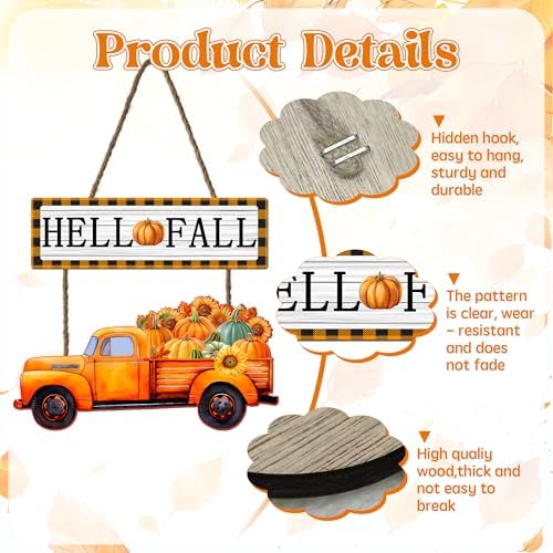 Hello Fall Hanging Sign for Front Door - 14.5"x9" Thanksgiving Welcome Door Sign with Pumpkins - Farmhouse Vintage Autumn Decoration for Fall Porch Home Wall - Image 3