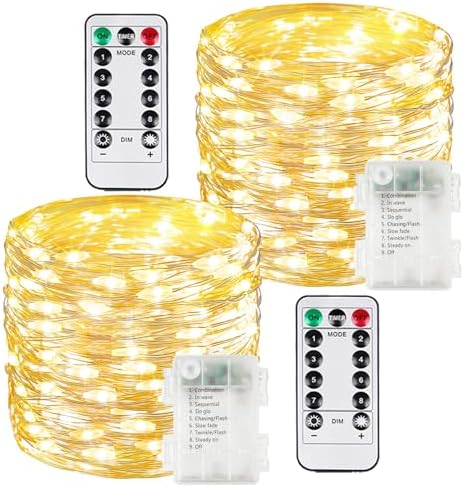 2 Pack 100 LED Fairy Lights Battery Operated with Remote, 33 FT Warm White by BOSSERN