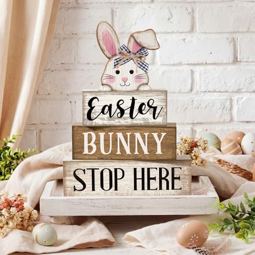 Moucuny 4 Pcs Easter Bunny Wood Signs Farmhouse Tiered Tray Table Decor - Image 3