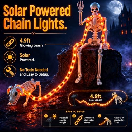 3Ft Skeleton & Dog Skeleton with Light Chain, Outdoor Halloween Decorations - Image 3