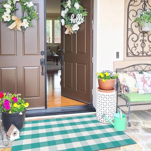Ckorzen Green and White Plaid Rug, 4' x 6' Spring Outdoor Front Porch Door Decor Mat, Washable Cotton Woven Farmhouse Area Rug for Layered Door Mats Carpet, Entryway, Easter Décor - Image 3