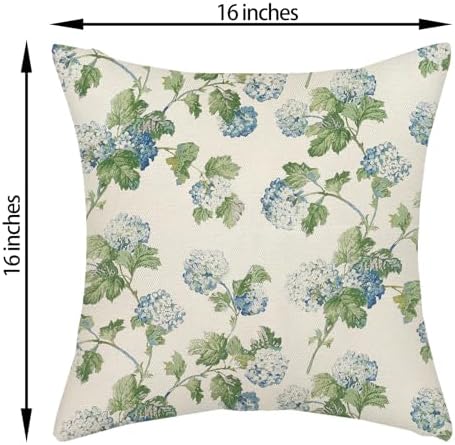 Blue Green Floral Pillow Covers 16x16 Inch 2 Pcs Vintage Flower Decor Throw Pillows Hydrangea Seasonal Spring Summer Outdoor Farmhouse Decoration Pillowcase Linen Cushion Cover for Couch Sofa Bed - Image 6