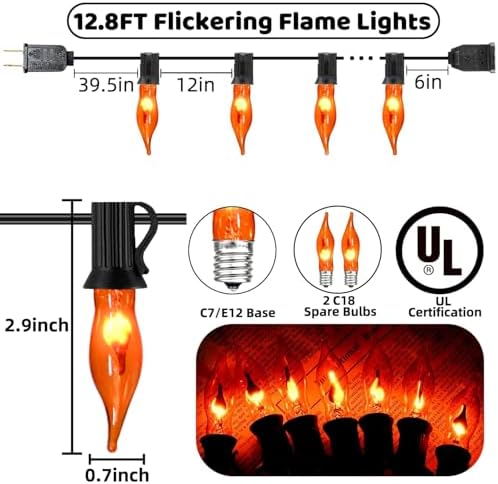 Fall Halloween Decorations Indoor Outdoor - Orange Flickering Flame String Lights Orange Halloween Lights, 12.8Ft C18 Retro Twinkle Flame String Lights with 10+2Pcs C18 Flame Light Bulbs (E12 Base) - Image 5