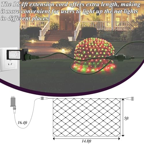 Lovelite 300LED Christmas Net Lights, 14.8ft x 5ft Mesh Lights Outdoor Green Wire 8 Modes Timer, Waterproof Connectable String Lights for Bushes Xmas Tree Garden Holiday Party Decor - Red Green - Image 6