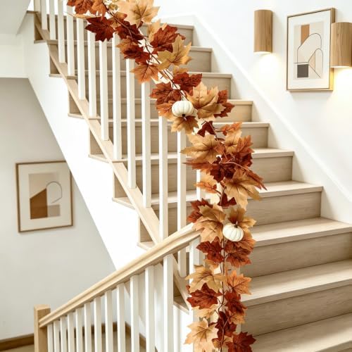 4 Pack Fall Garland with Lights-Total 24Ft Autumn Leaves Garland for Mantle Fireplace-Brown Fall Decor for Front Door with Pumpkins Indoor Maple for Stairs Porch Thanksgiving Decorations - Image 3