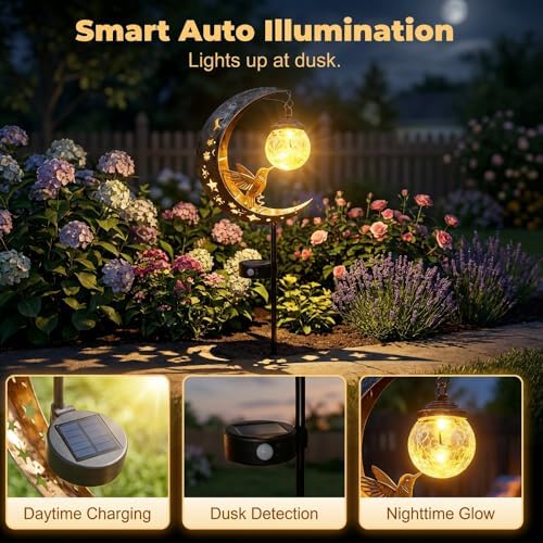 Hummingbird Moon Solar Garden Stake Light,Solar Garden Lights Outdoor Decor,Crackle Glass Fairy Lights,Solar Lights for Garden,Metal Stake Ornament for Patio Lawn Pathway Decor (Hummingbird) - Image 4