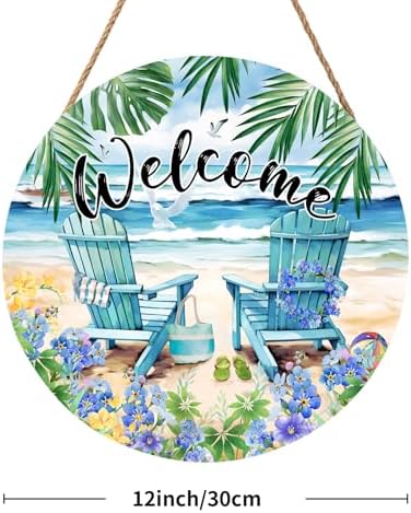 Welcome Summer Sea Chair Front Door SignFlower Wall Hanging Round Door Hanger Farmhouse Coastal Beach Wooden Wreath for Front Door Hello Summer Outdoor Outside Porch Decor 12"X12" - Image 2