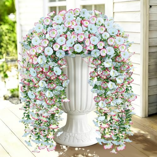 Artificial Hanging Flowers for Outdoors, 2 PCS 300 Blooms UV Resistant Morning Glory Faux Silk Vines, No-Odor Realistic Fake Plants for Garden Planter Porch Patio Decoration, Blue & White by JulakoOnline
